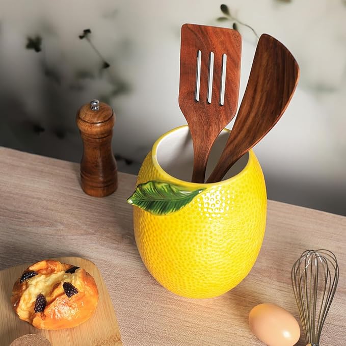 WAIT FLY Embossed Lemon Porcelain Kitchen Utensil Holder Flatware Storage Organizer Utensil Crock for Countertop Kitchen Counter Decor
