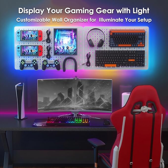 Pegboard Wall Organizer with Built-in RGB Ambient Lighting Strip, White Peg Board with Hooks for Office, Kitchen, Gaming Room, Desk Storage Display Rack, 2PCS 22 * 14.8 inch