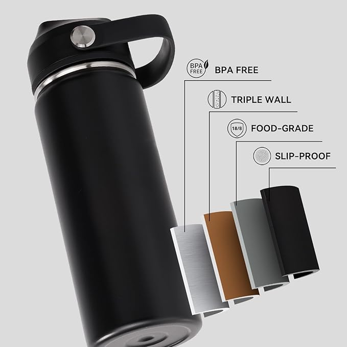18oz Insulated Stainless Steel Water Bottle, Wide Mouth Double Wall Vacuum, Silicone Straw, Sweat & Leak Proof, BPA Free Insulated Water Flask for Travel, Keep Cold 24h Hot 12h, Black