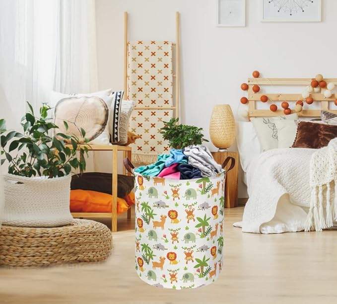 Essme Kids Laundry Hamper,Jungle Laundry Basket Collapsible Greeen Hamper for Kids Room Decor, Animal Hamper,Woodland Storage Basket, Nursery Hamper,Gift Baskets.(Jungle animal)