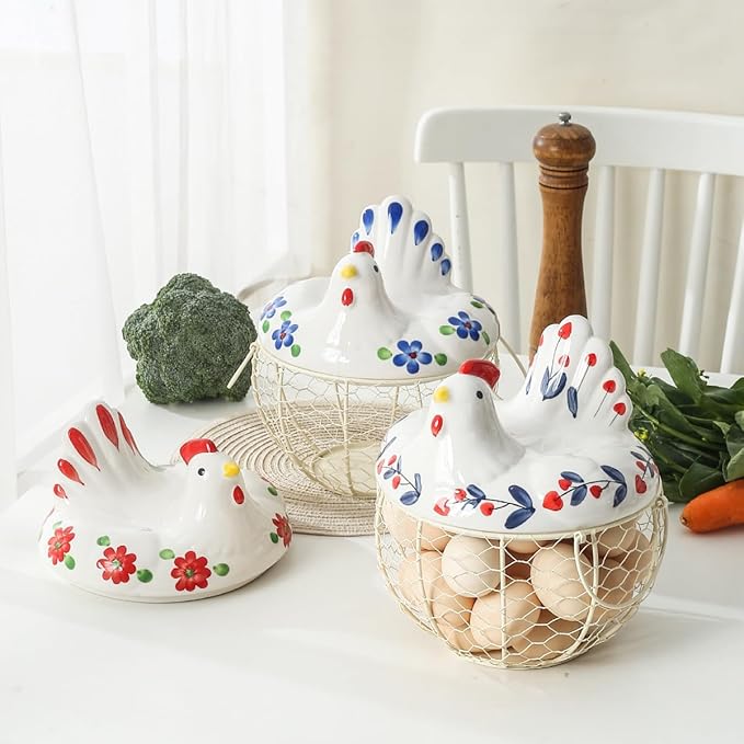 oskas Chicken Egg Holder, Fresh Egg Storage Basket Countertop,Decorative Ceramic Lid with Wire Basket,Holds 2 Dozen Egg, White3