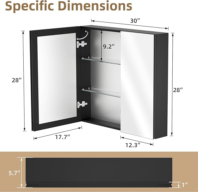30x28 Medicine Cabinet with Lights Mirror, LED Lighted Medicine Cabinet Wall Mounted, Modern Sturdy Aluminum Mirrored Cabinet with Memory 3 Color Dimmable and Defogger, Adjustable Shelves