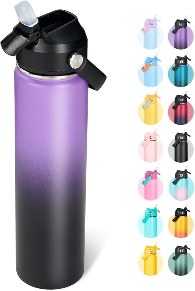 24oz Insulated Stainless Steel Water Bottle, Wide Mouth Double Wall Vacuum, Silicone Straw, Sweat & Leak Proof, BPA Free Insulated Water Flask for Travel, Purple & Black