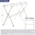95 inches foldable clothes drying rack, heavy duty stainless steel laundry drying rack for indoor outdoor , clothes rack adjustable length. 3 additional reinforcement bars with 20 windproof hooks