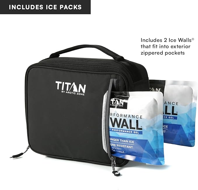 Titan by Arctic Zone Fridge Cold Lunch Box with 2 Gel Ice Packs, Small Insulated Cooler Bag with Leak Proof Lining for School and Work, Black Ice