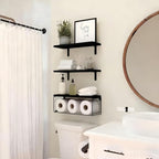 Bathroom Shelves Over Toilet, Set of 3 Wall Mounted Floating Shelves with Storage Basket Rustic Wood Shelf for Home Organization, Wall Decor for Bathroom, Kitchen, Living Room. (Black)