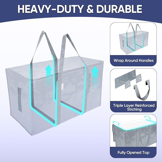 TICONN 8 Pack Extra Large Moving Bags Heavy Duty with Zippers & Carrying Handles, Durable Storage Bags Moving Boxes for Closet Organizers and Storage (8 Pack, Light Grey)