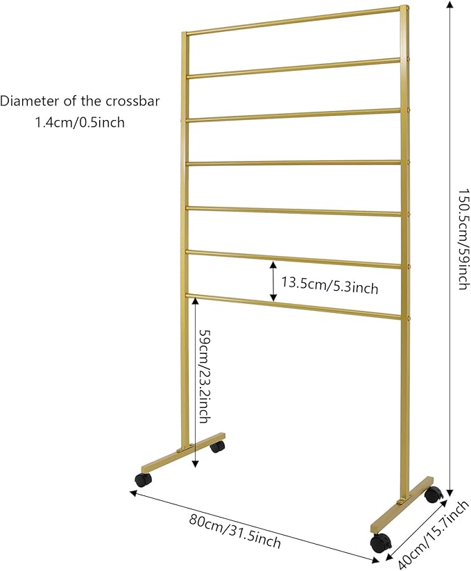 Scarf Organizer, 7-Tier Metal Scarf Display Stand with Wheels, Freestanding Scarf Display Rack, Retail Store Towel Rack, Ties Belt Pants Hanging Rack, for Boutique Display, Home (Gold-7 Rods)