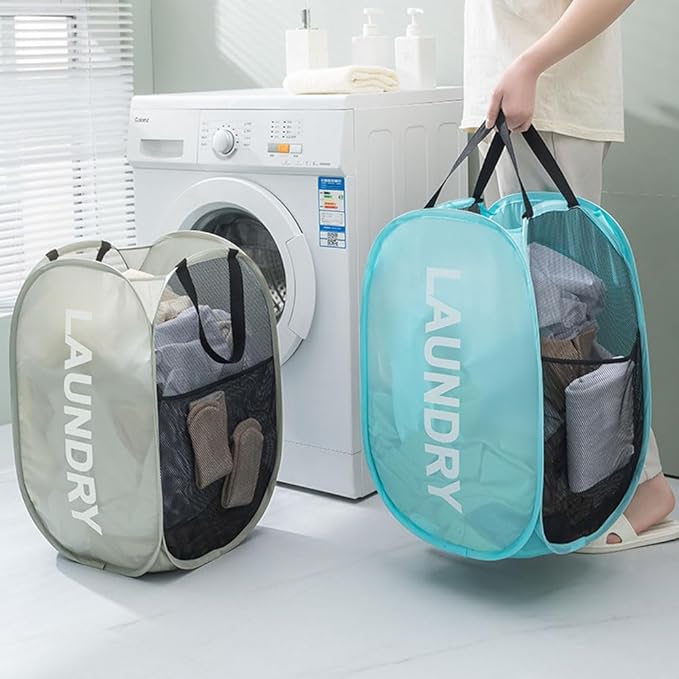 Mesh Popup Laundry Hampers, Collapsible Laundry Baskets, 2 Pack Dirty Clothes Hampers for Home, Bathroom, College Dorm, RV Cruise, Travel (Gray + Blue)