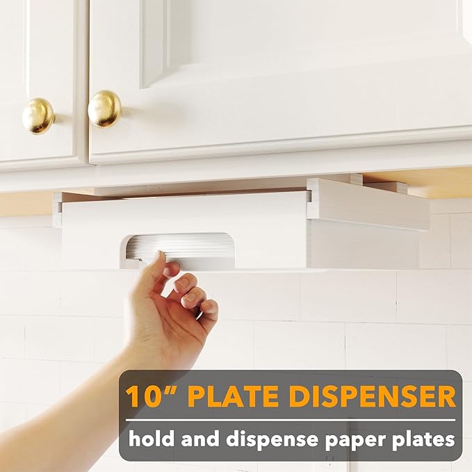 SpaceAid 10-inch Paper Plate Dispenser (Need 11.3 Inches Deep Cabinet Space) Under Cabinet Bamboo Plates Holder, Kitchen Vertical Dipensers Caddy, White