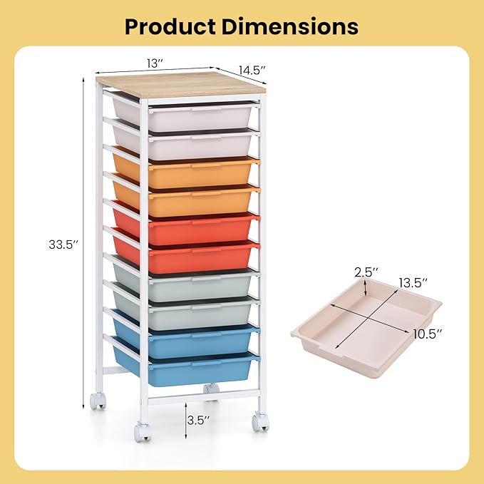 GOFLAME 10-Drawer Rolling Storage Cart, Craft Storage Cart with Wooden Tabletop and Lockable Wheels, Art Cart Supply Storage Organizer with Metal Frame for Home Office Classroom, Macaron Color