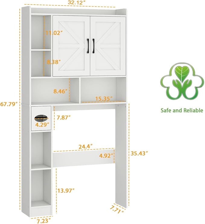 Vabches Over The Toilet Storage Cabinet, Farmhouse Storage Cabinet Over Toilet with 2 Barn Door & Toilet Paper Holder Stand，Home Space-Saving Toilet Rack, for Bathroom, Restroom, Laundry