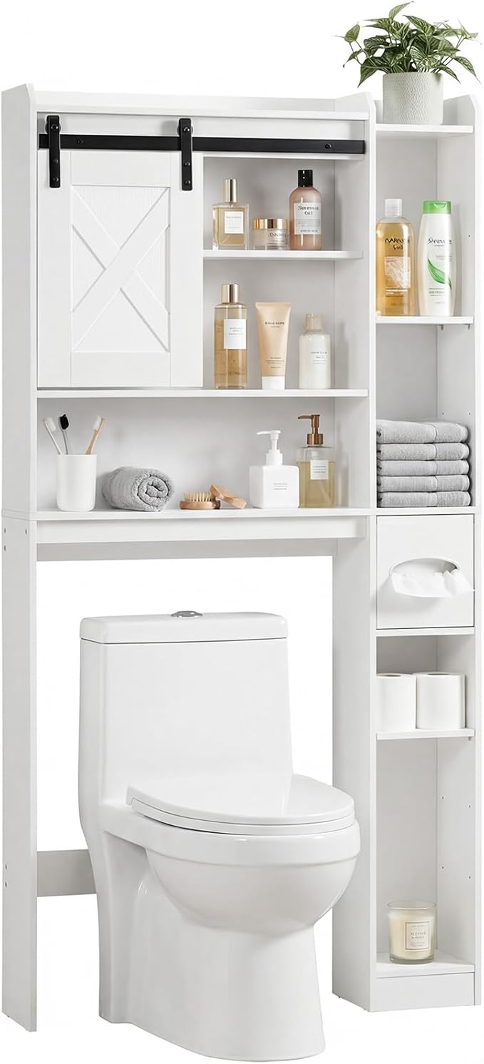 HOOBRO Over The Toilet Storage Cabinet with Sliding Barn Door, Toilet Paper Holder, Farmhouse Storage Cabinet, Wooden Bathroom Organizer, Bathroom, Laundry Room, White WT24TS01