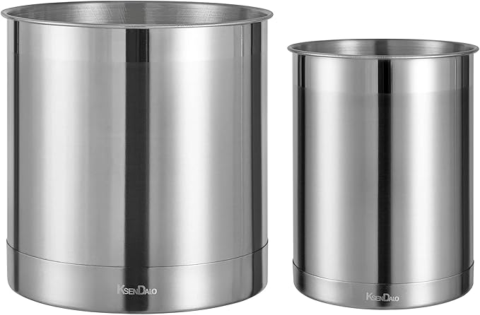 KSENDALO Jumbo Utensil Holder and Medium 6.6inch Utensil Crock Set for Countertop,Stainless Steel Utensil Caddy for Spoons, Silverware, and Spatulas for Kitchen, Silver