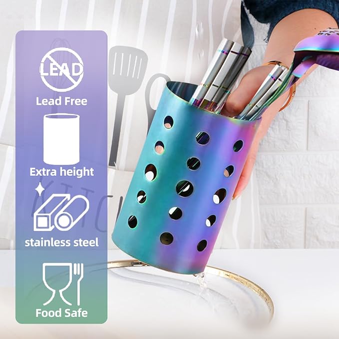 QRU Kitchen Utensil Holder for Countertop (H6.7” x W4.1”), Stainless Steel Cooking Utensil Caddy for Tools, Spatulas, Spoons, Silverware & More, Cooking Utensil Organizer, Kitchen Decor (Silver)
