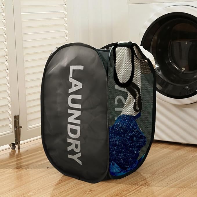 Mesh Pop Up Laundry Hampers, Collapsible Laundry Baskets Portable Clothes Hampers for Home, Dorm Room, Laundry Room, Cruise (Black + Blue)