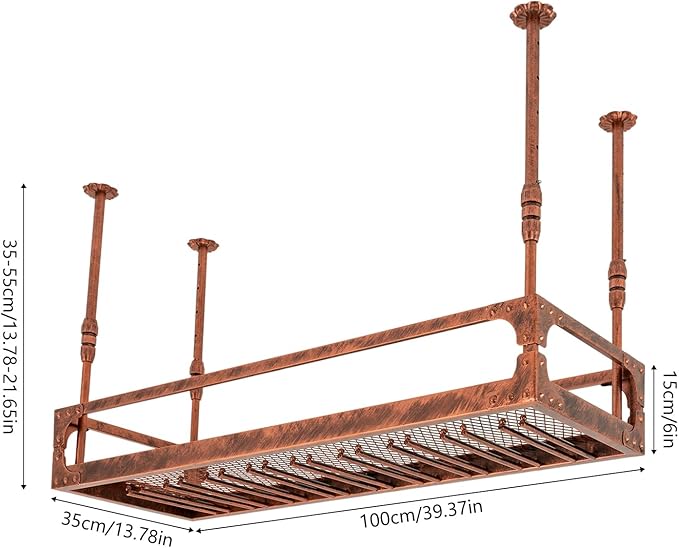 Industrial Wine Rack Ceiling Mounted, 110 lbs Heavy Duty, Adjustable Height, Holds 27 Glasses, Vintage Iron Floating Shelf for Kitchen, Bar, Restaurant (Copper-Colored)