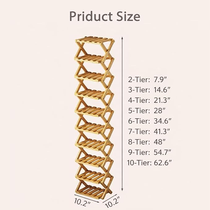 Foldable Shoe Rack, 2 - 9 Tier No-Tool Assembly Bamboo Organizer with Anti-Wobble X-Design for Small Spaces, Sturdy Vertical Storage Shelf for Entryway, Closet, Apartment & Dorm (Yellow,5 Layers)