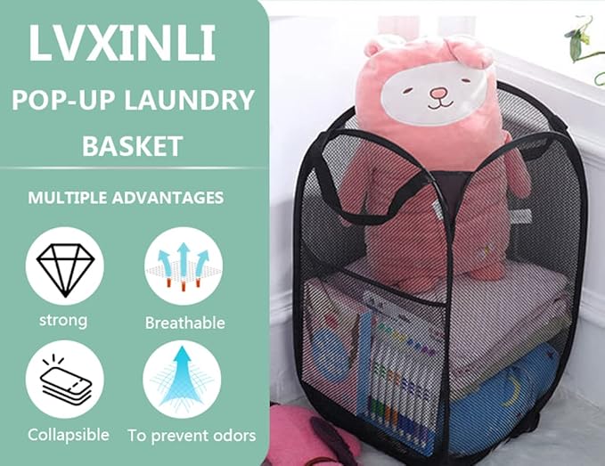 2 Pack Laundry Hamper,Foldable Mesh Popup Laundry Basket with Durable Handle,Easy to Open and Fold for Dorm, Laundry Room, Bedroom, RV(blue+ blue)…