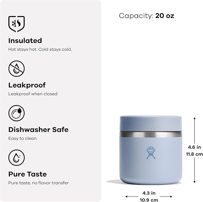 Hydro Flask Food Jar – Insulated Stainless Steel, Snack Travel Container for Hot Food, Lunch, & Soup 20 Oz Agave Green