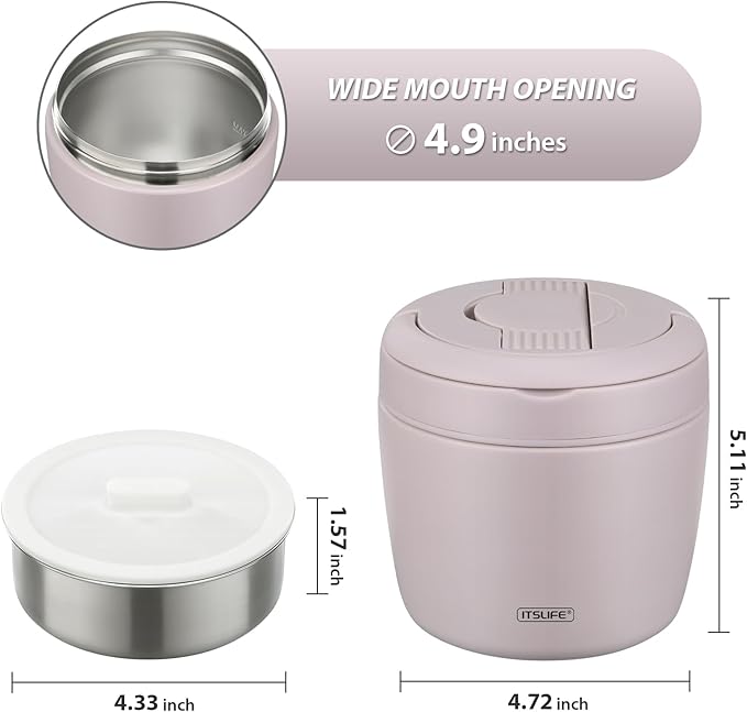 Itslife 32oz Insulated Soup Thermos, Vacuum Stainless Steel Food Jar for Hot & Cold Food, Leakproof Wide Mouth Lunch Container with Spoon, Light Purple