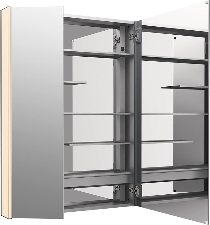 Kohler 81149-SLE-DA1 Maxstow Frameless Two-Door Medicine Cabinet Mirror with Lights, LED Light, Mirror Door & Staggered Shelves, Rectangular Frame, 32 in. W x 40 in. H