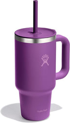 Hydro Flask Travel Tumbler with Handle, Lid and Straw - Insulated Stainless Steel in 32 Oz Beachplum Purple