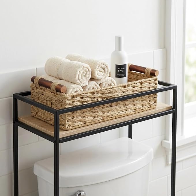 Back of Toilet Basket with Wood Handles, Khaki Wicker Toilet Paper Basket for Toilet Tank Top, Narrow Toilet Tank Basket, Bathroom Basket Organizer for Wipes & Essentials