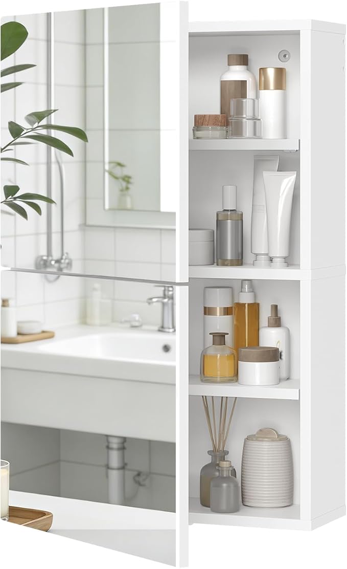Medicine Cabinet with Mirror, Bathroom Cabinet Wall Mounted with 2 Mirrored Doors, Wooden Hanging Storage Cabinet with Adjustable Shelves, for Bathroom Vanity, Entryway, Living Room, White