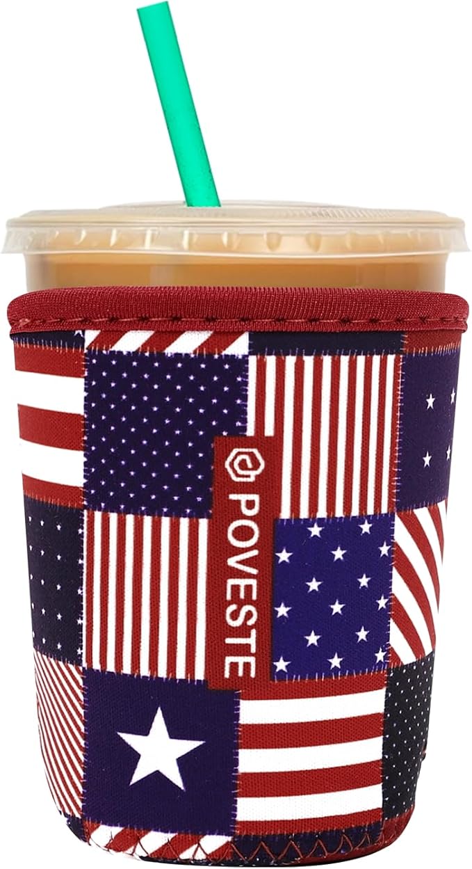 Reusable Neoprene Insulator Sleeve for Iced Coffee & Cold Soda, Coffee Sleeves for Iced & Hot Drinks, Cold Beverage Cooler Compatible with Starbucks, Dunkin (Patriotic Flags, Small: 16-18oz)