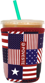 Reusable Neoprene Insulator Sleeve for Iced Coffee & Cold Soda, Coffee Sleeves for Iced & Hot Drinks, Cold Beverage Cooler Compatible with Starbucks, Dunkin (Patriotic Flags, Small: 16-18oz)