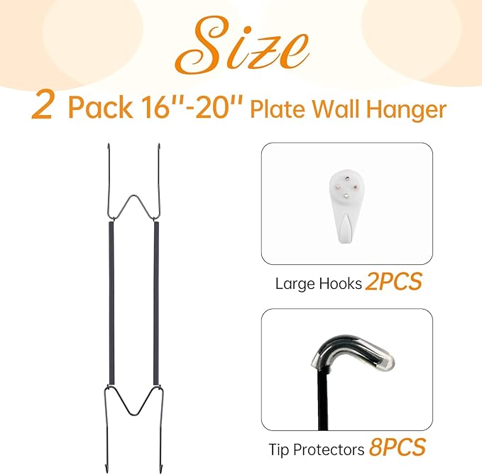 2 Pack Plate Hangers for The Wall, Suitable for 11-20 inch Art Plate, Stainless Steel Invisible Heavy Duty Wire Plate Holder with Wall Hooks, Plate Hangers for Displaying Plates, Platter, Dish, Black