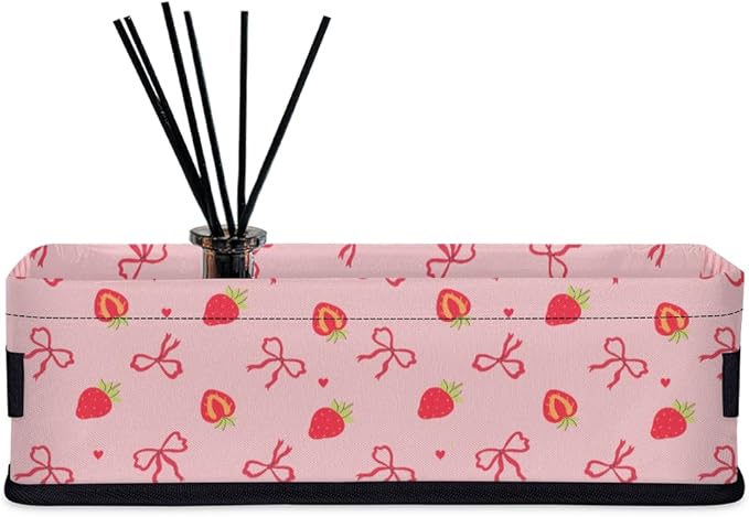Pink Small Bathroom Baskets for Toilet,Strawberry Foldable Toilet Paper Tank Basket Organizer for Towels Storage Bow Decorative Open Storage Bins for Home,Closet,Containers,Cabinet