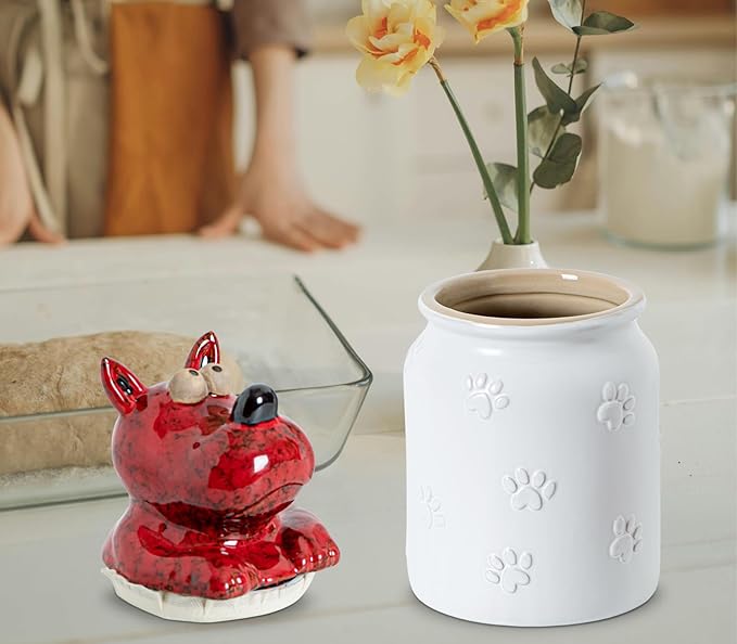 Dog Cookie Jar with Airtight Sealing Lid Matte White Ceramic Candy Jar with Lid– Cute Cartoon Dog Shape, Red‑Black Glaze Artistry