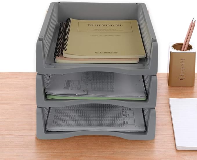 6-Pack Gray Plastic Stackable Paper Letter Tray, Stacking Document Trays