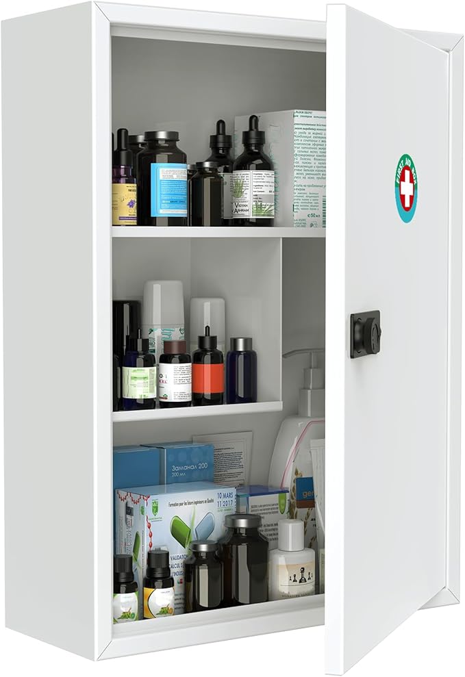 Uniclife Wall Mount Medicine Cabinet with Combination Lock, Locking First Aid Cabinet, Lockable Medical Cabinet, Large Capacity Medicine Organizer, Secure Steel Wall Cabinet Metal Storage Box, White