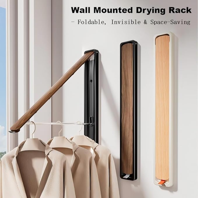 Retractable Wall Mounted Drying Rack - Foldable Clothes Hanger in Walnut or Oak Color for Laundry Room, Closet & Balcony (Oak, 1 Rack)