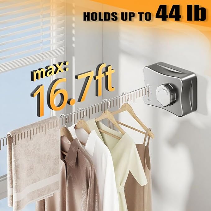 Retractable Clothesline Indoor Outdoor Clothes Line Kit, Heavy Duty Clothes Drying Laundry Line 16.7ft Wall Mounted Drying Rack Non-Sagging Air Dry Clothing Travel Clotheslines (White)