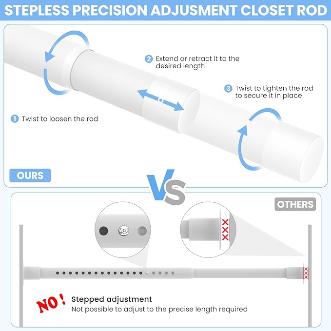 3 Pack Closet Rods for Hanging Clothes, 17 to 84 Inch Heavy Duty Stepless Adjustable Closet Hanging Rod, 1.3 Inch Diameter Metal Closet Rod for Wardrobes Laundry Bedroom RV, White