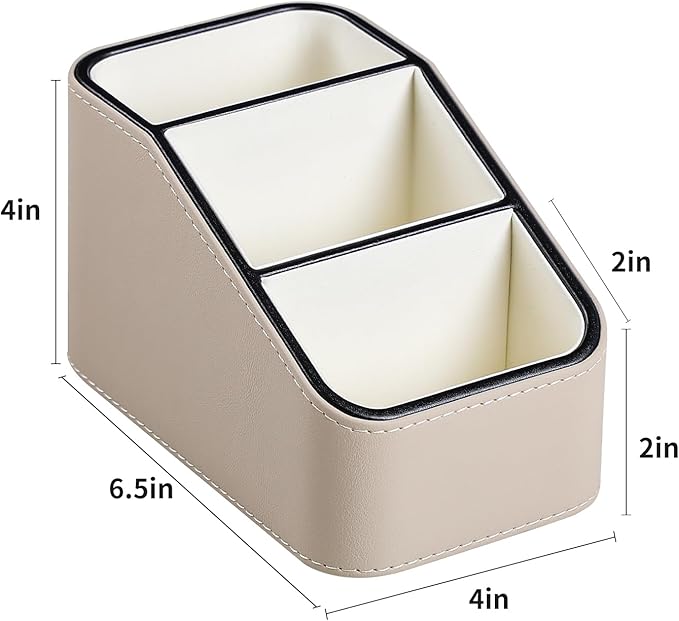 PU Leather Remote Control Holder, Small Desk Organizer Office Supply Bedside Caddy for Nightstand End Table Couch, Pen Remote Organizer with 3 Compartments (Beige)