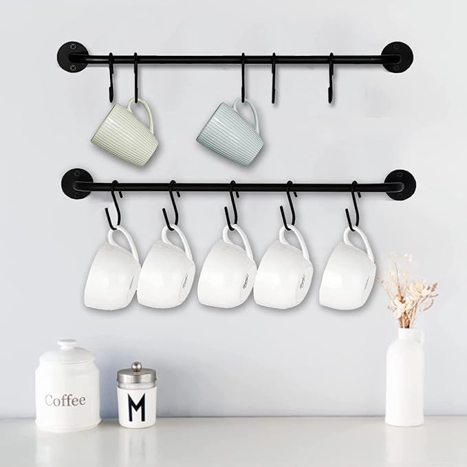 Coffee Mug Holder Wall Mounted,1PC Coffee Cup Holder Coffee Mug Rack for Wall Black Metal Rod with 5 Removable Hooks,Organize Cooking Utensils or Mugs for Kitchen Restaurant Bar (1)
