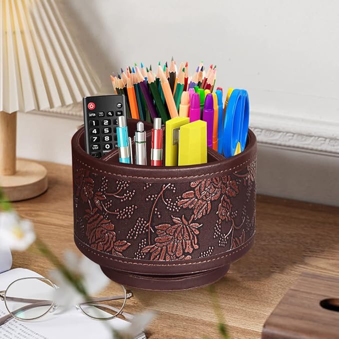 Pen Holder for Desk Organizers and Accessories, 360 Swivel TV Remote Control Holder for Table, Nightstand Organizer Caddy for Art/ Office Supplies/ Stationery, Bedside Decorations for Living Room