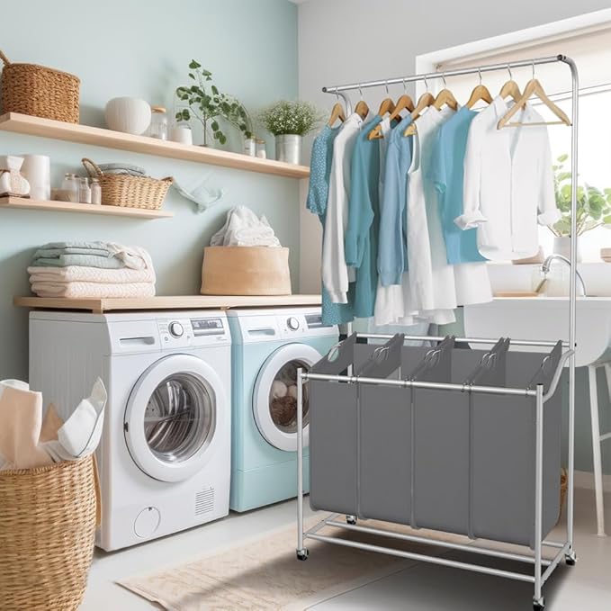LUCKUP Laundry Sorter 4 Sections with Hanging Bar, 4 Bags Laundry Hamper Rolling Laundry Basket Cart with Lockable Wheels for Laundry Room Bathroom Bedroom, Dark Grey