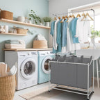 LUCKUP Laundry Sorter 4 Sections with Hanging Bar, 4 Bags Laundry Hamper Rolling Laundry Basket Cart with Lockable Wheels for Laundry Room Bathroom Bedroom, Dark Grey