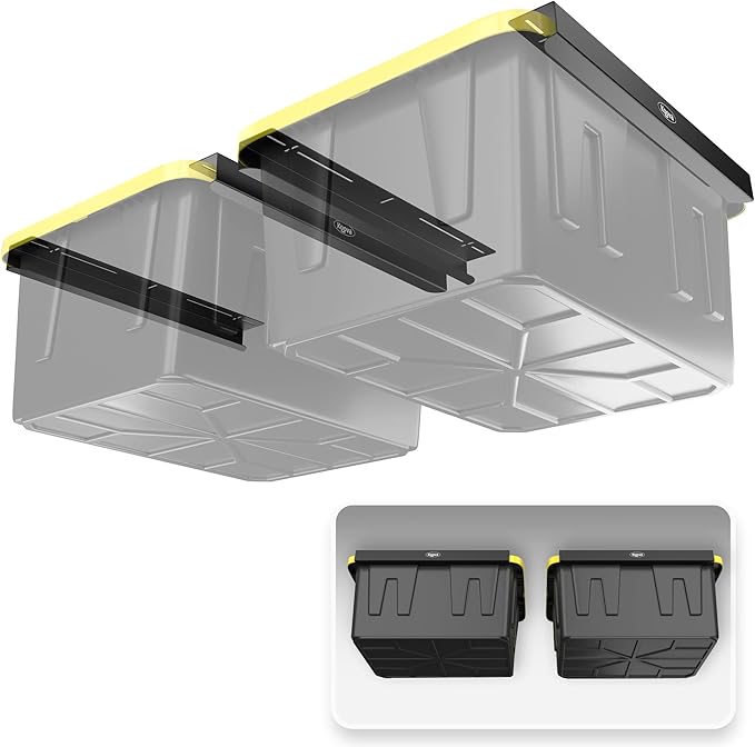 Koova Heavy-Duty Overhead Garage Storage Rack for 2 Bins. Adjustable Width, 80lb Capacity. DIY Safe Ceiling Mount, Easy Install. Fits 27-Gallon Totes. USA Made Pro-Grade Steel. Space Saving Organizer