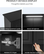 HAIOOU Bathroom Wall Cabinet with Motion Sensor LED Light, Wooden Medicine Cabinet Wall Mounted Cupboard, Over Toilet Storage Cabinet with Buffering Hinges and Adjustable Shelf - Black