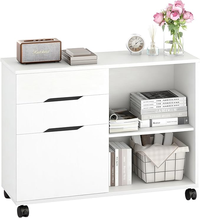FDW 3 Drawer Lateral File Cabinet Mobile File Cabinet with Open Storage Shelves Office Printer Stand & Under-Desk Organizer with Wheels for Home Office,White
