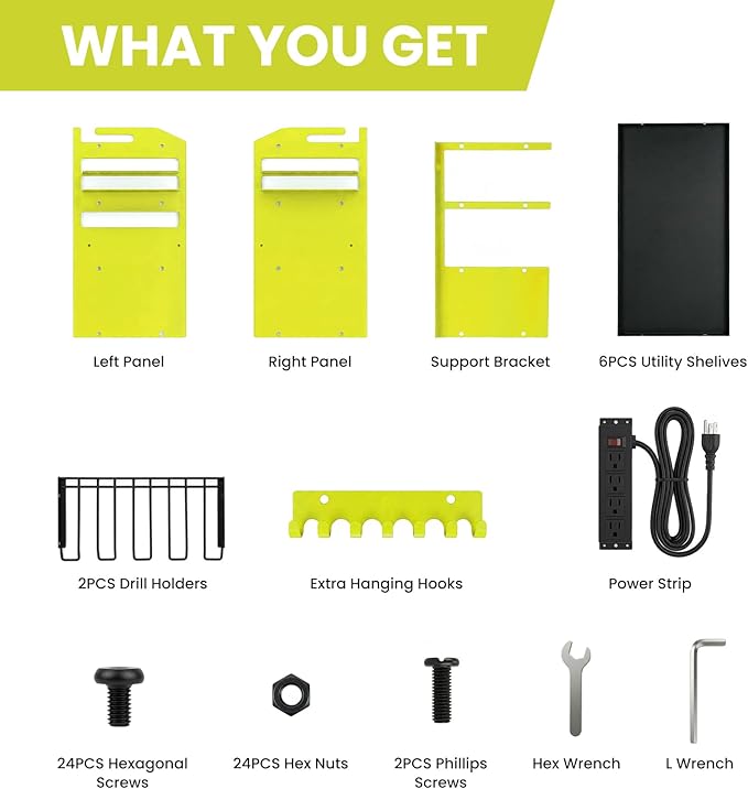 4-Tier Heavy Duty Power Tool Organizer with 4-Outlet High-Power Strip, 600lbs Capacity Reinforced Steel Drill Rack, High-Visibility Fluorescent Green Wall Mount Storage for 20V/60V Max Battery Systems