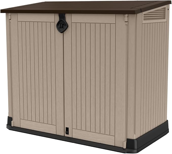 Keter Store-It-Out MIDI Outdoor Resin Storage Shed – Weather-Resistant Horizontal Cabinet for Trash Cans, Garden Tools & Patio Accessories – Lockable, Easy-Lift Lid, 30 Cu. Ft. Capacity, Beige