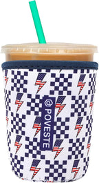 Reusable Neoprene Insulator Sleeve for Iced Coffee & Cold Soda, Coffee Sleeves for Iced & Hot Drinks, Cold Beverage Cooler Compatible with Starbucks, Dunkin (Lightning Flags, Small: 16-18oz)